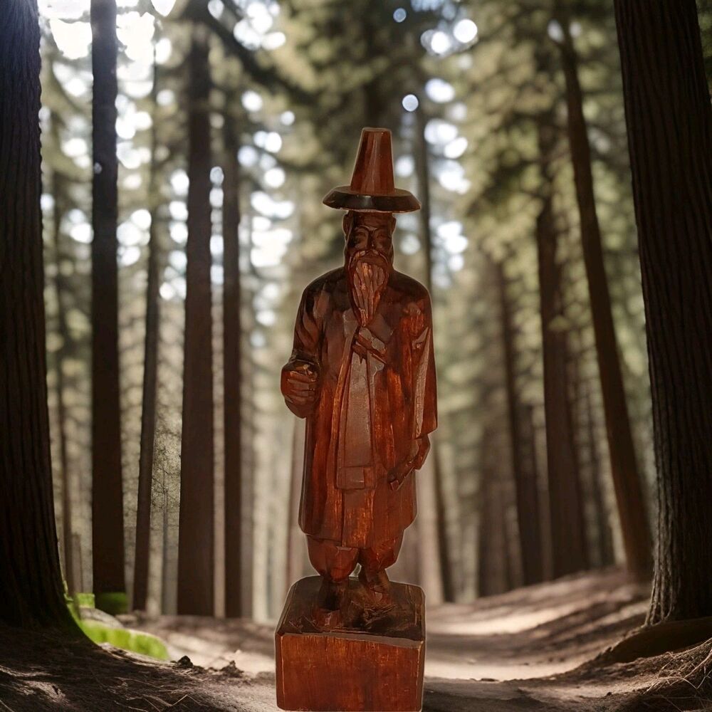 Hand carved Asian Farmer Figurine Statue Stained Wood Craft Wise Man Elder